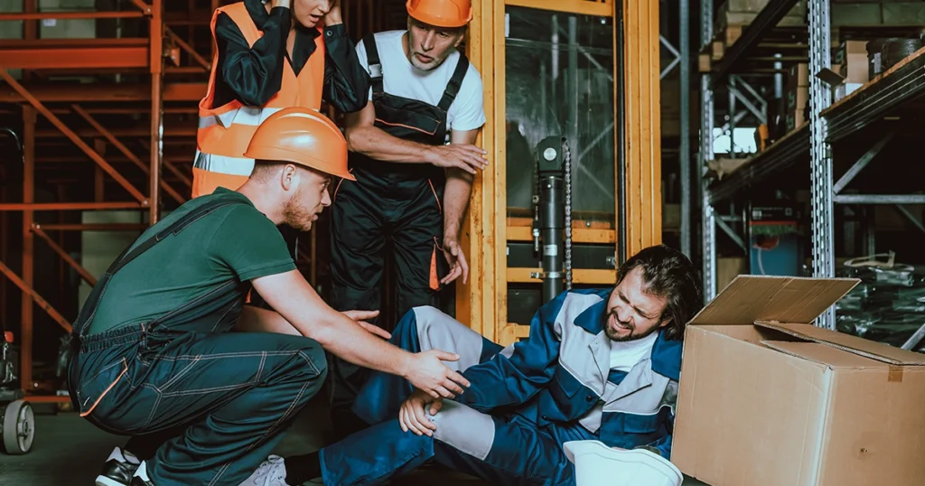 Zdjęcie przedstawia młodego pracownika magazynu z kontuzją nogi na miejscu pracy.