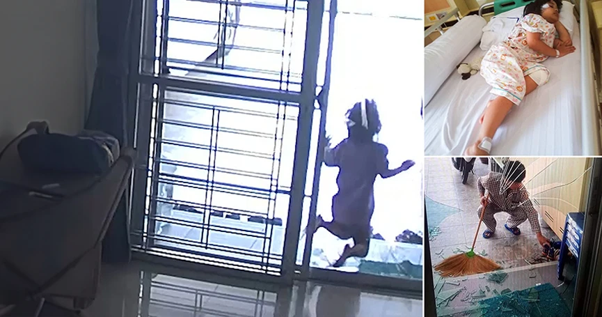 Mała dziewczynka biegnie w szklane drzwi, które roztrzaskują się