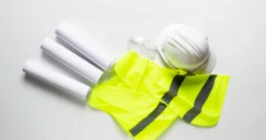 Zestaw BHP: kamizelka odblaskowa, kask, okulary ochronne i dokumentacja na białym tle