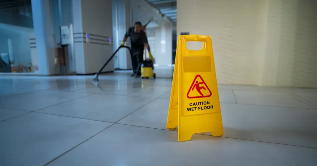 Ostrzeżenie „mokra podłoga” w miejscu pracy – potencjalne ryzyko poślizgnięcia