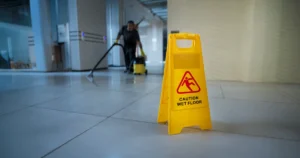 Ostrzeżenie „mokra podłoga” w miejscu pracy – potencjalne ryzyko poślizgnięcia
