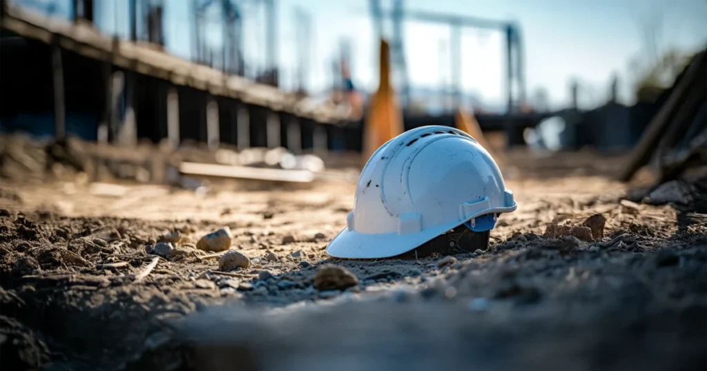 Biały kask leżący na ziemi placu budowy – symbol wypadku z wysokości