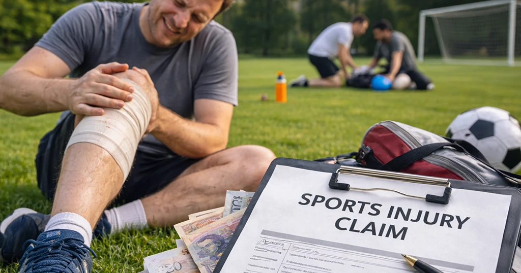 Odszkodowania za wypadki sportowe, mężczyzna z kontuzją nogi na boisku wypełnia formularz roszczenia