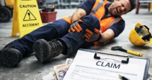 Pracownik po urazie nogi po wypadku w pracy, obok formularza roszczenia i sprzętu ochronnego