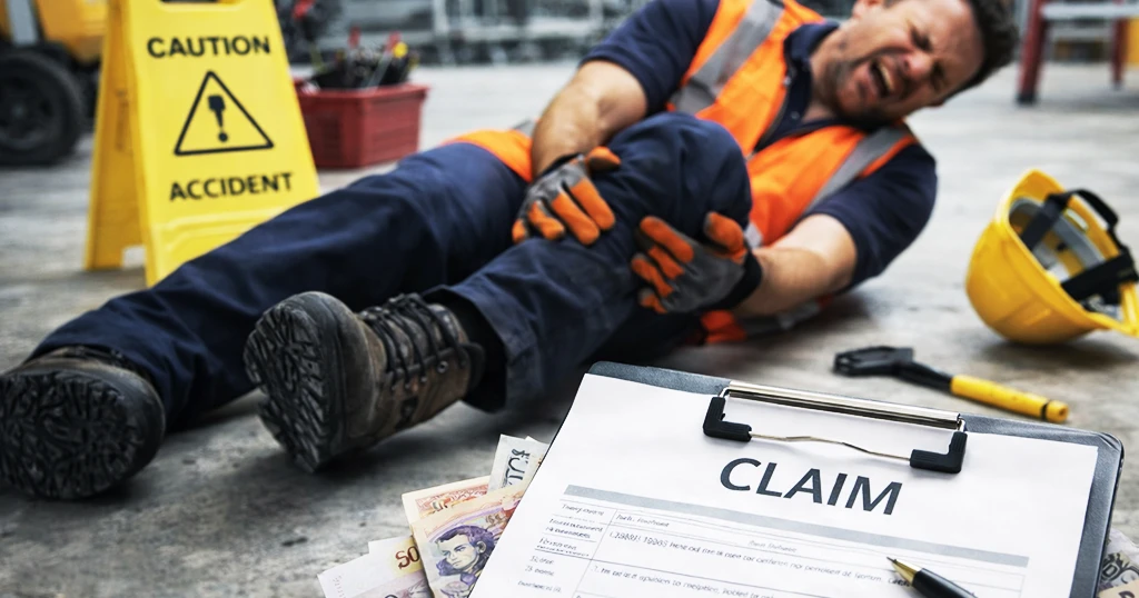 Pracownik po urazie nogi po wypadku w pracy, obok formularza roszczenia i sprzętu ochronnego