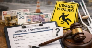 Odszkodowanie za wypadek w miejscu publicznym, formularz roszczenia i symbol prawa