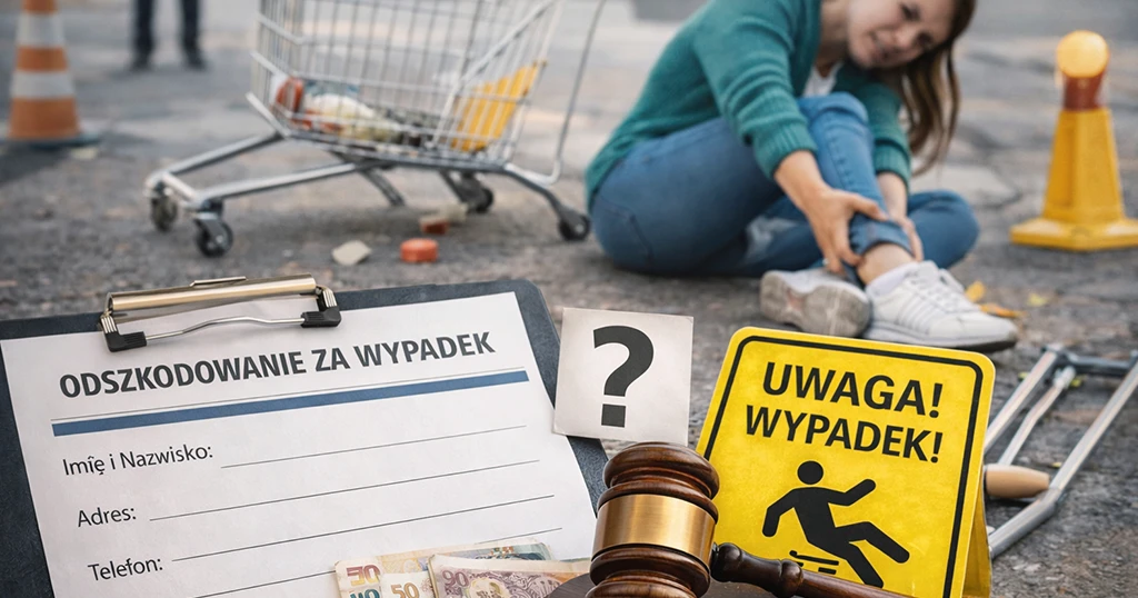 Odszkodowanie za wypadek w miejscu publicznym, kobieta po urazie i formularz roszczenia