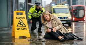 Kobieta po upadku na mokrej nawierzchni w Wielkiej Brytanii, przy znaku ostrzegawczym o śliskiej podłodze