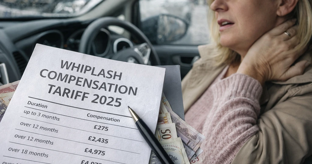 Whiplash 2025 w UK, kobieta po wypadku samochodowym i nowa taryfa odszkodowań