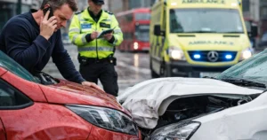 Wypadek drogowy w UK, rozbite samochody, policja i karetka po kolizji
